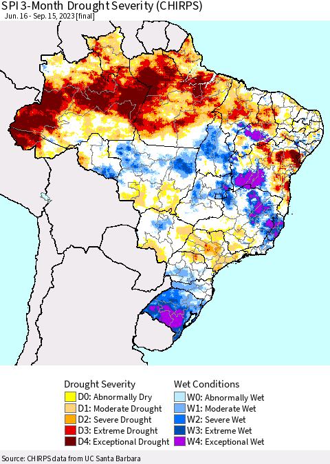 Brazil SPI 3-Month Drought Severity (CHIRPS) Thematic Map For 6/16/2023 - 9/15/2023