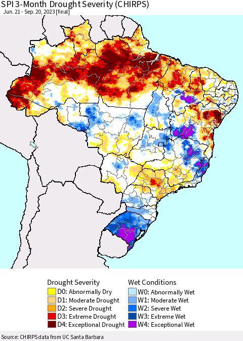 Brazil SPI 3-Month Drought Severity (CHIRPS) Thematic Map For 6/21/2023 - 9/20/2023