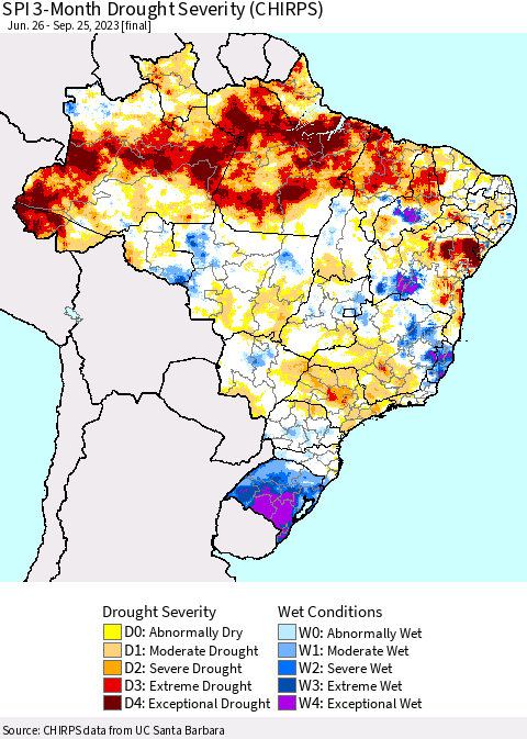 Brazil SPI 3-Month Drought Severity (CHIRPS) Thematic Map For 6/26/2023 - 9/25/2023