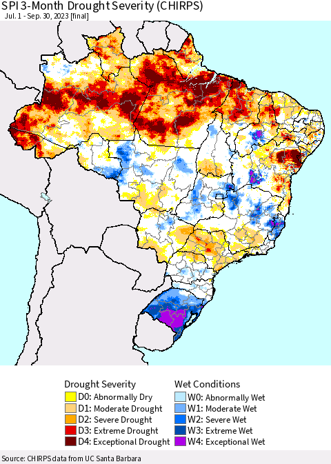 Brazil SPI 3-Month Drought Severity (CHIRPS) Thematic Map For 7/1/2023 - 9/30/2023
