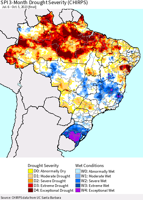 Brazil SPI 3-Month Drought Severity (CHIRPS) Thematic Map For 7/6/2023 - 10/5/2023