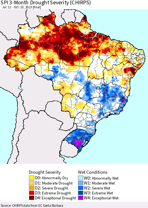 Brazil SPI 3-Month Drought Severity (CHIRPS) Thematic Map For 7/11/2023 - 10/10/2023