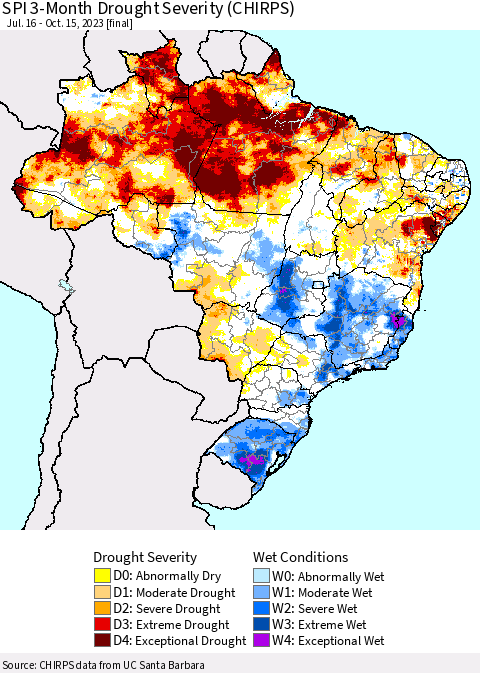Brazil SPI 3-Month Drought Severity (CHIRPS) Thematic Map For 7/16/2023 - 10/15/2023