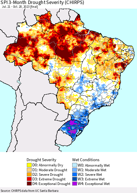 Brazil SPI 3-Month Drought Severity (CHIRPS) Thematic Map For 7/21/2023 - 10/20/2023