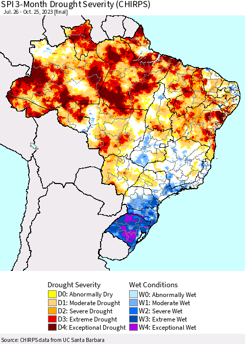 Brazil SPI 3-Month Drought Severity (CHIRPS) Thematic Map For 7/26/2023 - 10/25/2023