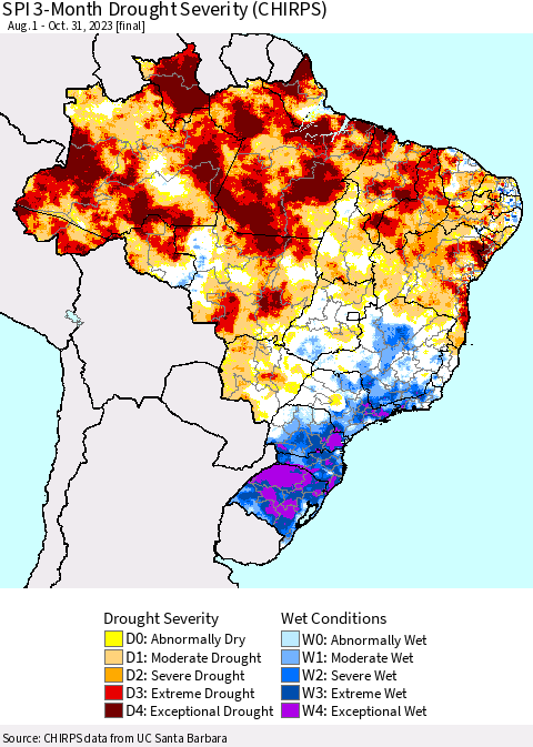 Brazil SPI 3-Month Drought Severity (CHIRPS) Thematic Map For 8/1/2023 - 10/31/2023