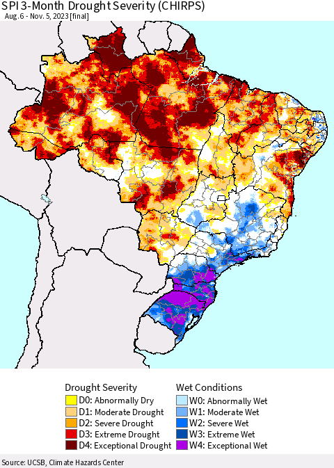Brazil SPI 3-Month Drought Severity (CHIRPS) Thematic Map For 8/6/2023 - 11/5/2023