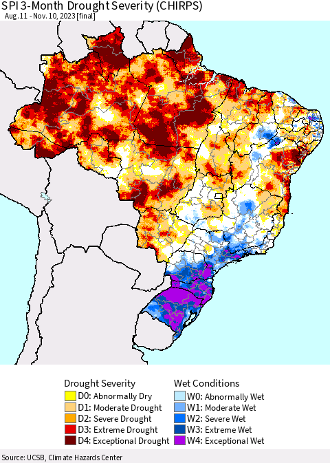 Brazil SPI 3-Month Drought Severity (CHIRPS) Thematic Map For 8/11/2023 - 11/10/2023