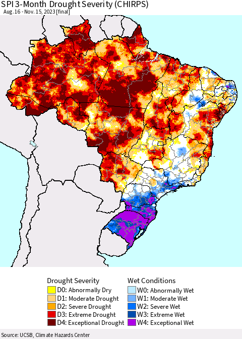 Brazil SPI 3-Month Drought Severity (CHIRPS) Thematic Map For 8/16/2023 - 11/15/2023
