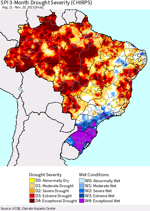Brazil SPI 3-Month Drought Severity (CHIRPS) Thematic Map For 8/21/2023 - 11/20/2023