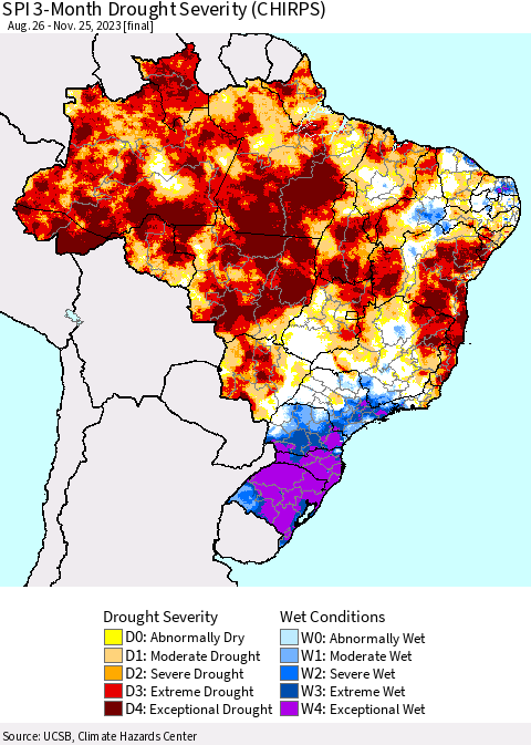 Brazil SPI 3-Month Drought Severity (CHIRPS) Thematic Map For 8/26/2023 - 11/25/2023