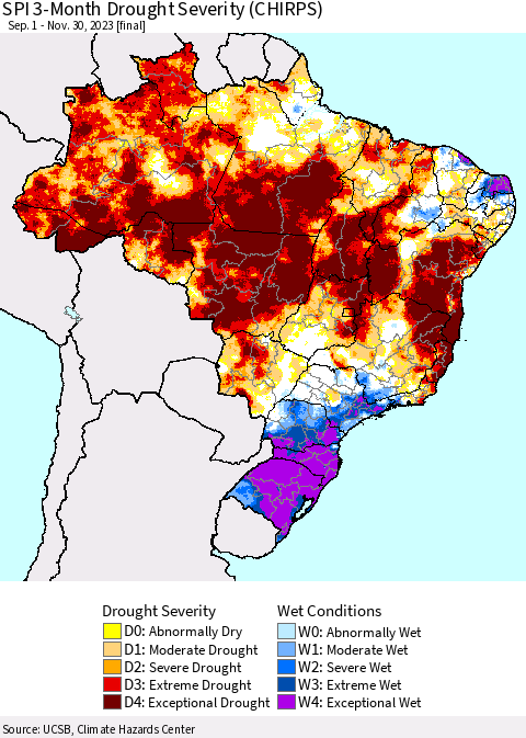 Brazil SPI 3-Month Drought Severity (CHIRPS) Thematic Map For 9/1/2023 - 11/30/2023
