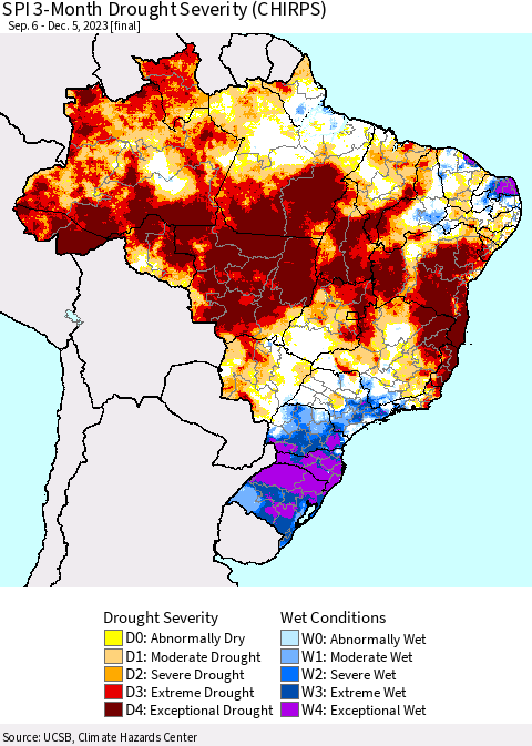 Brazil SPI 3-Month Drought Severity (CHIRPS) Thematic Map For 9/6/2023 - 12/5/2023