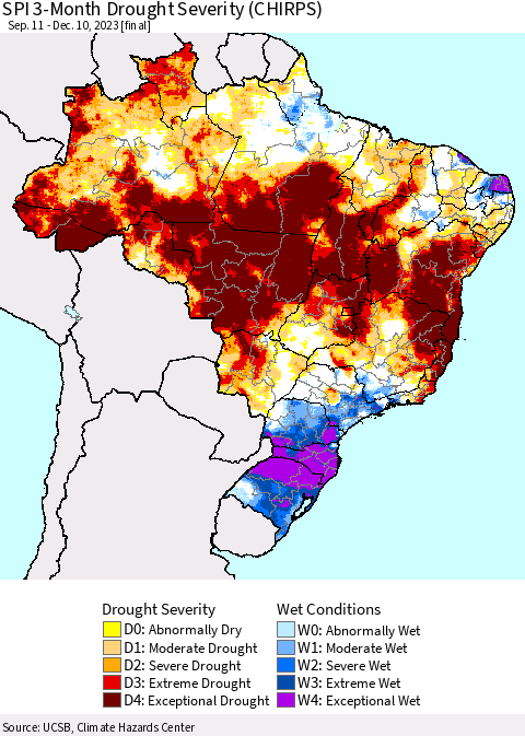 Brazil SPI 3-Month Drought Severity (CHIRPS) Thematic Map For 9/11/2023 - 12/10/2023