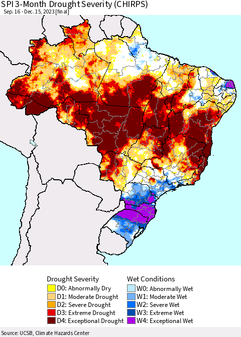 Brazil SPI 3-Month Drought Severity (CHIRPS) Thematic Map For 9/16/2023 - 12/15/2023