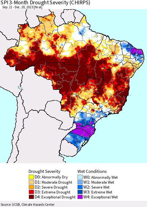 Brazil SPI 3-Month Drought Severity (CHIRPS) Thematic Map For 9/21/2023 - 12/20/2023
