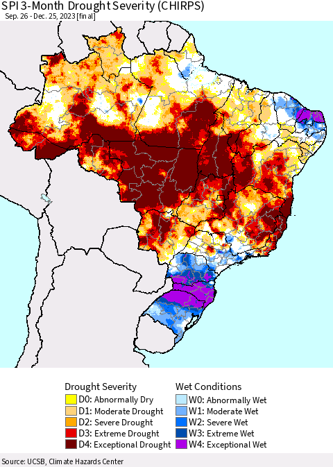 Brazil SPI 3-Month Drought Severity (CHIRPS) Thematic Map For 9/26/2023 - 12/25/2023