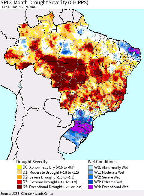 Brazil SPI 3-Month Drought Severity (CHIRPS) Thematic Map For 10/6/2023 - 1/5/2024