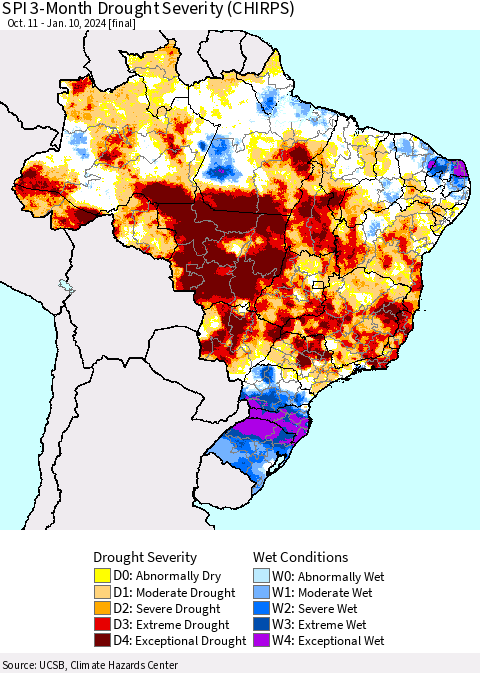 Brazil SPI 3-Month Drought Severity (CHIRPS) Thematic Map For 10/11/2023 - 1/10/2024