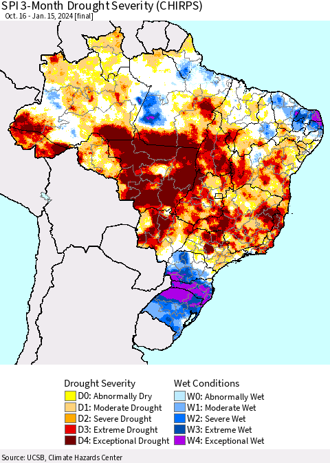 Brazil SPI 3-Month Drought Severity (CHIRPS) Thematic Map For 10/16/2023 - 1/15/2024