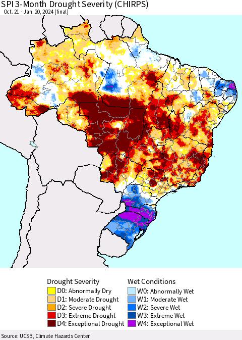 Brazil SPI 3-Month Drought Severity (CHIRPS) Thematic Map For 10/21/2023 - 1/20/2024