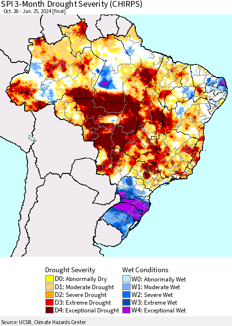 Brazil SPI 3-Month Drought Severity (CHIRPS) Thematic Map For 10/26/2023 - 1/25/2024