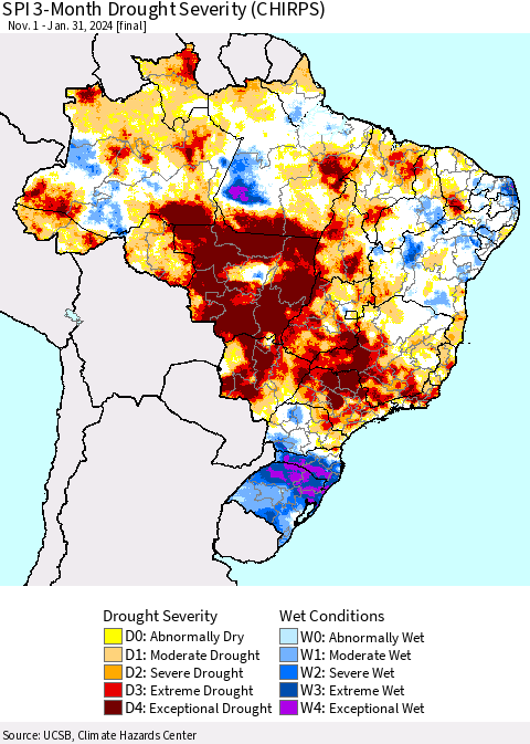 Brazil SPI 3-Month Drought Severity (CHIRPS) Thematic Map For 11/1/2023 - 1/31/2024