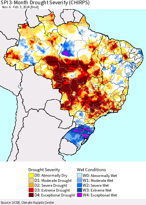 Brazil SPI 3-Month Drought Severity (CHIRPS) Thematic Map For 11/6/2023 - 2/5/2024