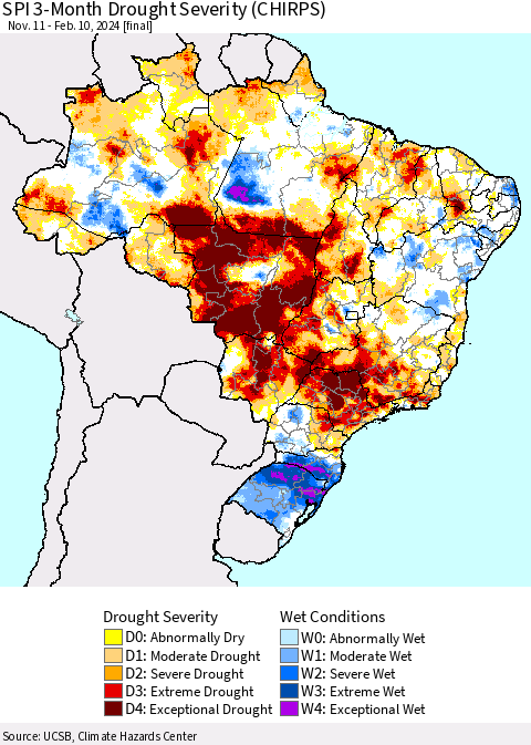 Brazil SPI 3-Month Drought Severity (CHIRPS) Thematic Map For 11/11/2023 - 2/10/2024
