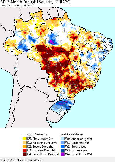 Brazil SPI 3-Month Drought Severity (CHIRPS) Thematic Map For 11/16/2023 - 2/15/2024