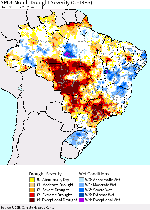 Brazil SPI 3-Month Drought Severity (CHIRPS) Thematic Map For 11/21/2023 - 2/20/2024