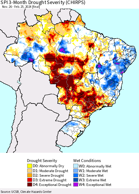 Brazil SPI 3-Month Drought Severity (CHIRPS) Thematic Map For 11/26/2023 - 2/25/2024