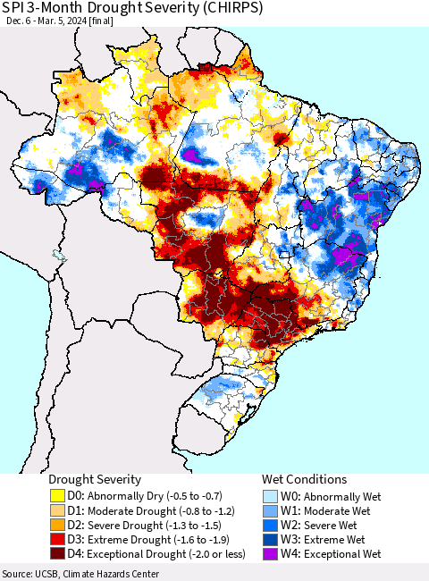 Brazil SPI 3-Month Drought Severity (CHIRPS) Thematic Map For 12/6/2023 - 3/5/2024
