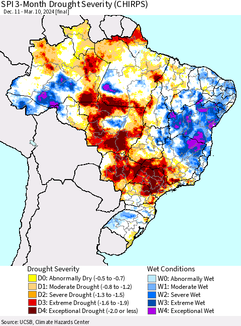 Brazil SPI 3-Month Drought Severity (CHIRPS) Thematic Map For 12/11/2023 - 3/10/2024