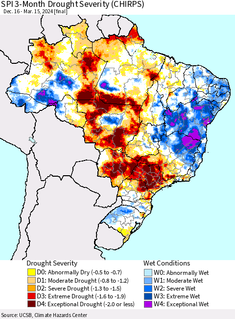Brazil SPI 3-Month Drought Severity (CHIRPS) Thematic Map For 12/16/2023 - 3/15/2024