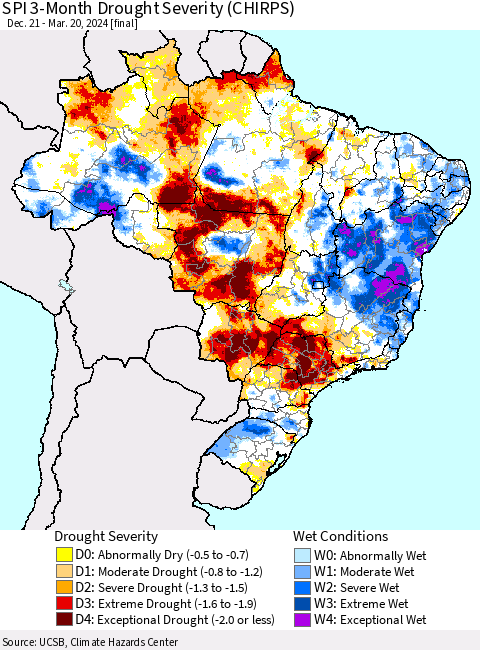 Brazil SPI 3-Month Drought Severity (CHIRPS) Thematic Map For 12/21/2023 - 3/20/2024