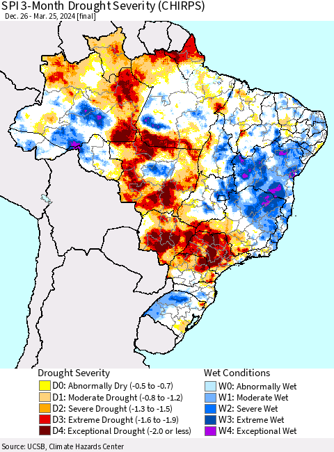 Brazil SPI 3-Month Drought Severity (CHIRPS) Thematic Map For 12/26/2023 - 3/25/2024
