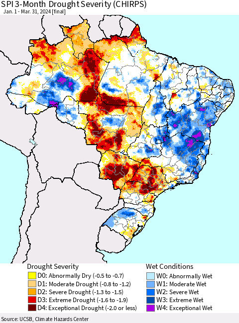 Brazil SPI 3-Month Drought Severity (CHIRPS) Thematic Map For 1/1/2024 - 3/31/2024