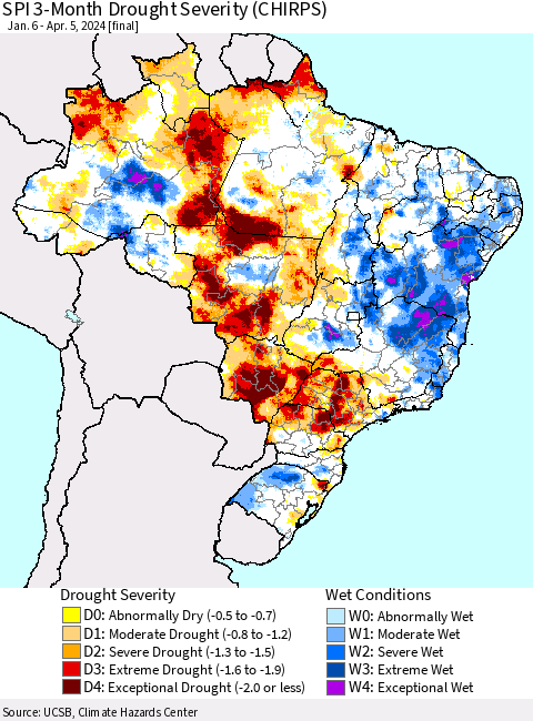 Brazil SPI 3-Month Drought Severity (CHIRPS) Thematic Map For 1/6/2024 - 4/5/2024