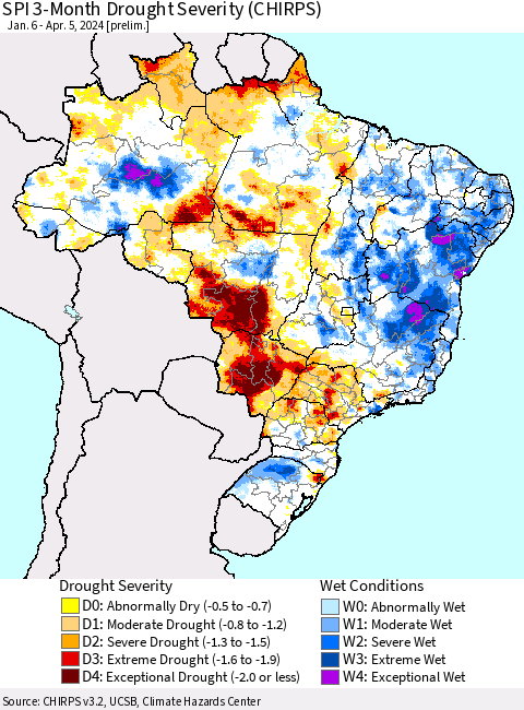 Brazil SPI 3-Month Drought Severity (CHIRPS) Thematic Map For 1/6/2024 - 4/5/2024