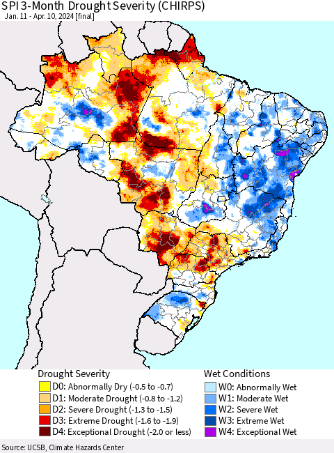 Brazil SPI 3-Month Drought Severity (CHIRPS) Thematic Map For 1/11/2024 - 4/10/2024