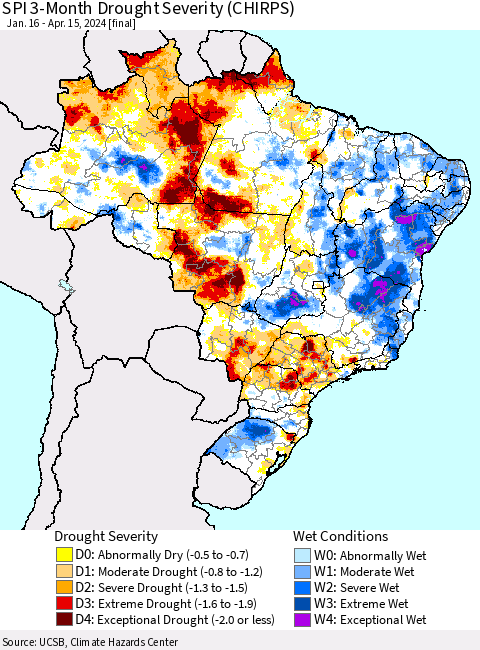 Brazil SPI 3-Month Drought Severity (CHIRPS) Thematic Map For 1/16/2024 - 4/15/2024