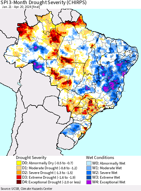 Brazil SPI 3-Month Drought Severity (CHIRPS) Thematic Map For 1/21/2024 - 4/20/2024