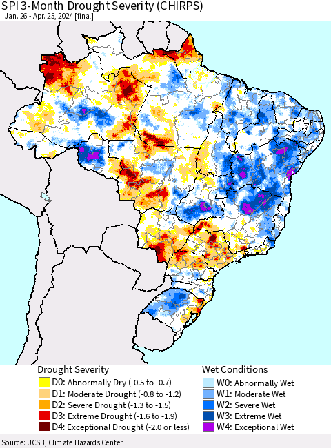 Brazil SPI 3-Month Drought Severity (CHIRPS) Thematic Map For 1/26/2024 - 4/25/2024