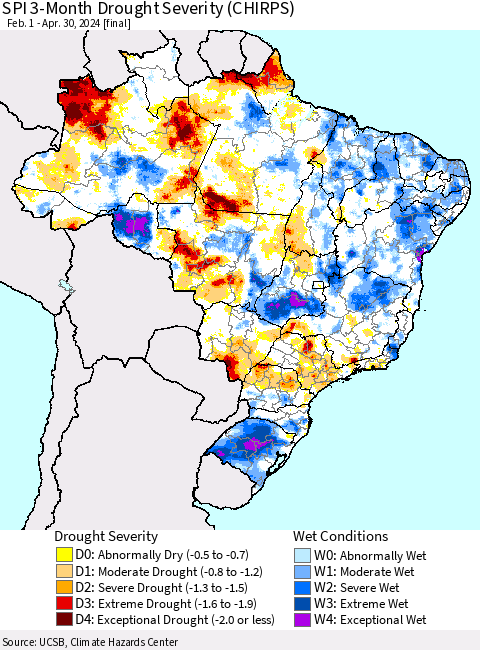 Brazil SPI 3-Month Drought Severity (CHIRPS) Thematic Map For 2/1/2024 - 4/30/2024