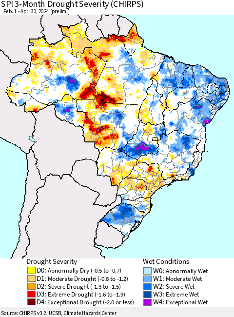 Brazil SPI 3-Month Drought Severity (CHIRPS) Thematic Map For 2/1/2024 - 4/30/2024