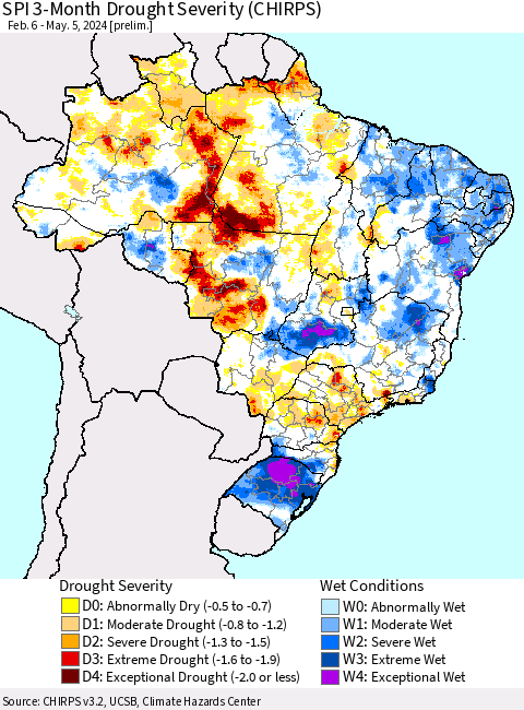 Brazil SPI 3-Month Drought Severity (CHIRPS) Thematic Map For 2/6/2024 - 5/5/2024