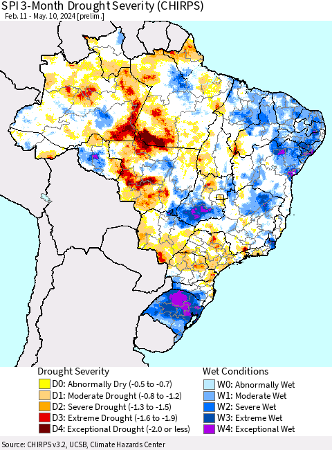 Brazil SPI 3-Month Drought Severity (CHIRPS) Thematic Map For 2/11/2024 - 5/10/2024