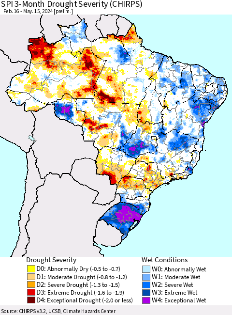 Brazil SPI 3-Month Drought Severity (CHIRPS) Thematic Map For 2/16/2024 - 5/15/2024
