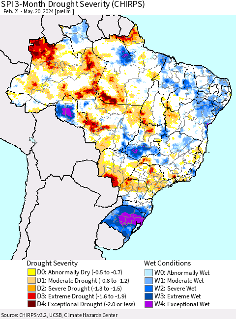 Brazil SPI 3-Month Drought Severity (CHIRPS) Thematic Map For 2/21/2024 - 5/20/2024
